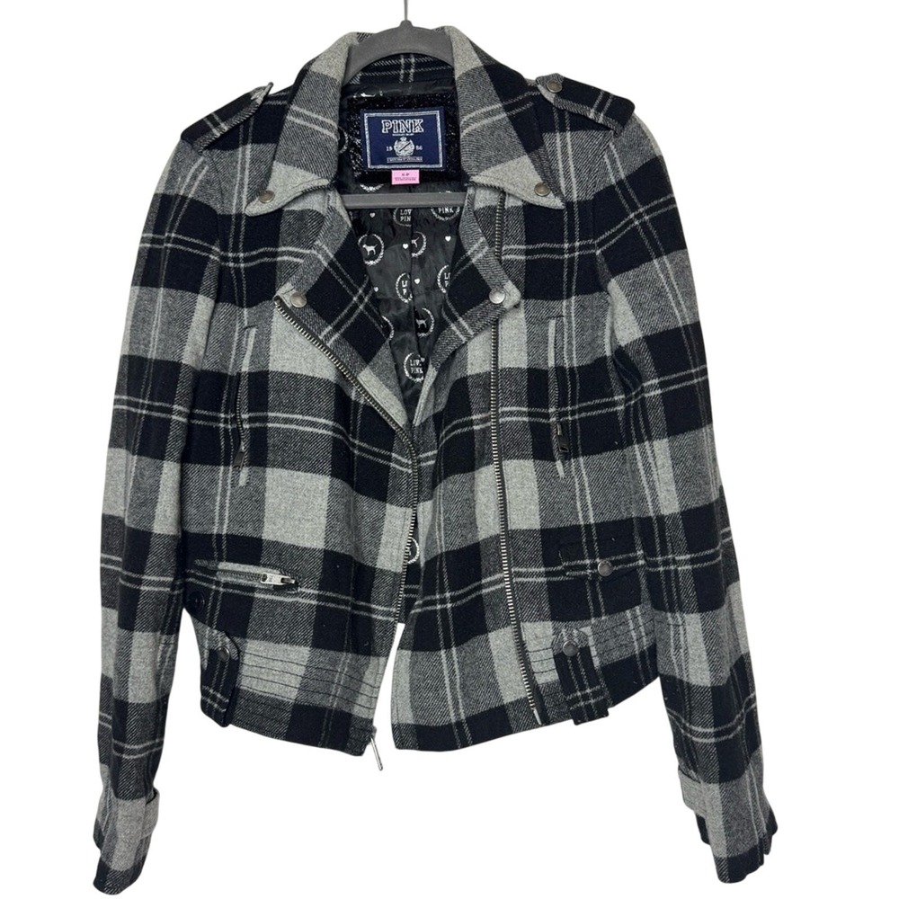 Vintage PINK Victoria's Secret Black Plaid Moto Jacket Y2K Skater Dark Academia